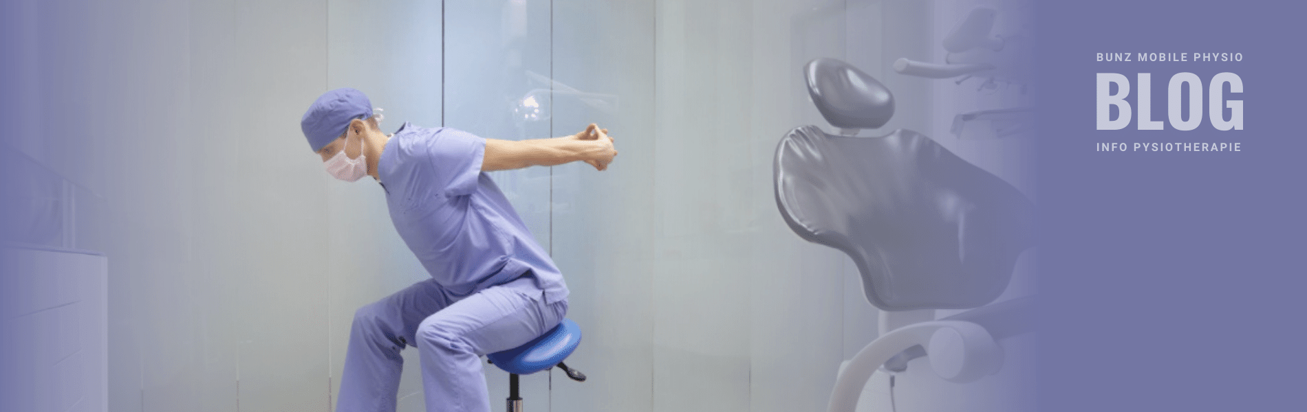 Mitarbeiter einer Zahnarztpraxis bei einer Übung, um Rückenproblemen vorzubeugen